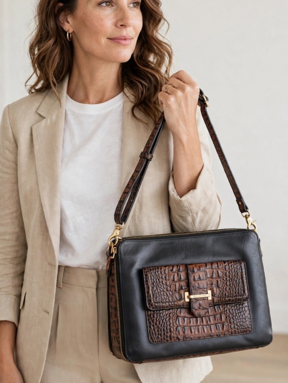 Brahmin Black & Brown Croc-Embossed Crossbody Tablet Bag